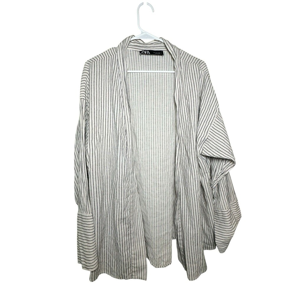 Zara Black Pinstripe Beige Linen Kimono (No Belt/Tie) Sz L